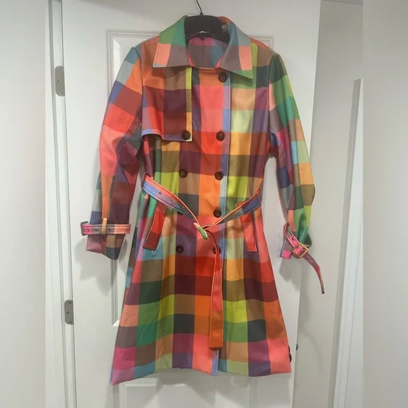 NWOT Multicolor Checkered Trench Coat - Picture 1 of 8